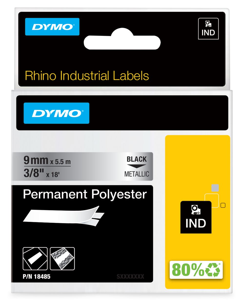 DYMO Rhino Industrie Permanente Polyesteretiketten | 9 mm x 5,5 m | Schwarz auf Metallic | selbstklebendes Schriftband | für DYMO Rhino und LabelManager Beschriftungsgerät 