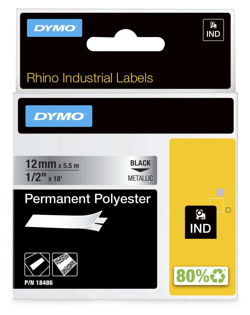 DYMO Rhino Industrie Permanente Polyesteretiketten | 12 mm x 5,5 m | Schwarz auf Metallic | selbstklebendes Schriftband | für DYMO Rhino und LabelManager Beschriftungsgerät 