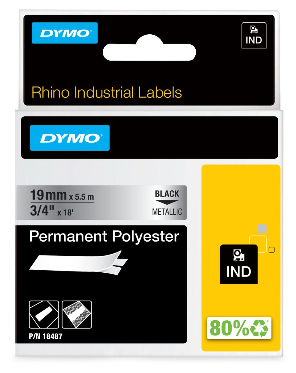 DYMO Rhino Industrie Permanente Polyesteretiketten | 6 mm x 5,5 m | Schwarz auf Metallic | selbstklebendes Schriftband | für DYMO Rhino und LabelManager Beschriftungsgerät 