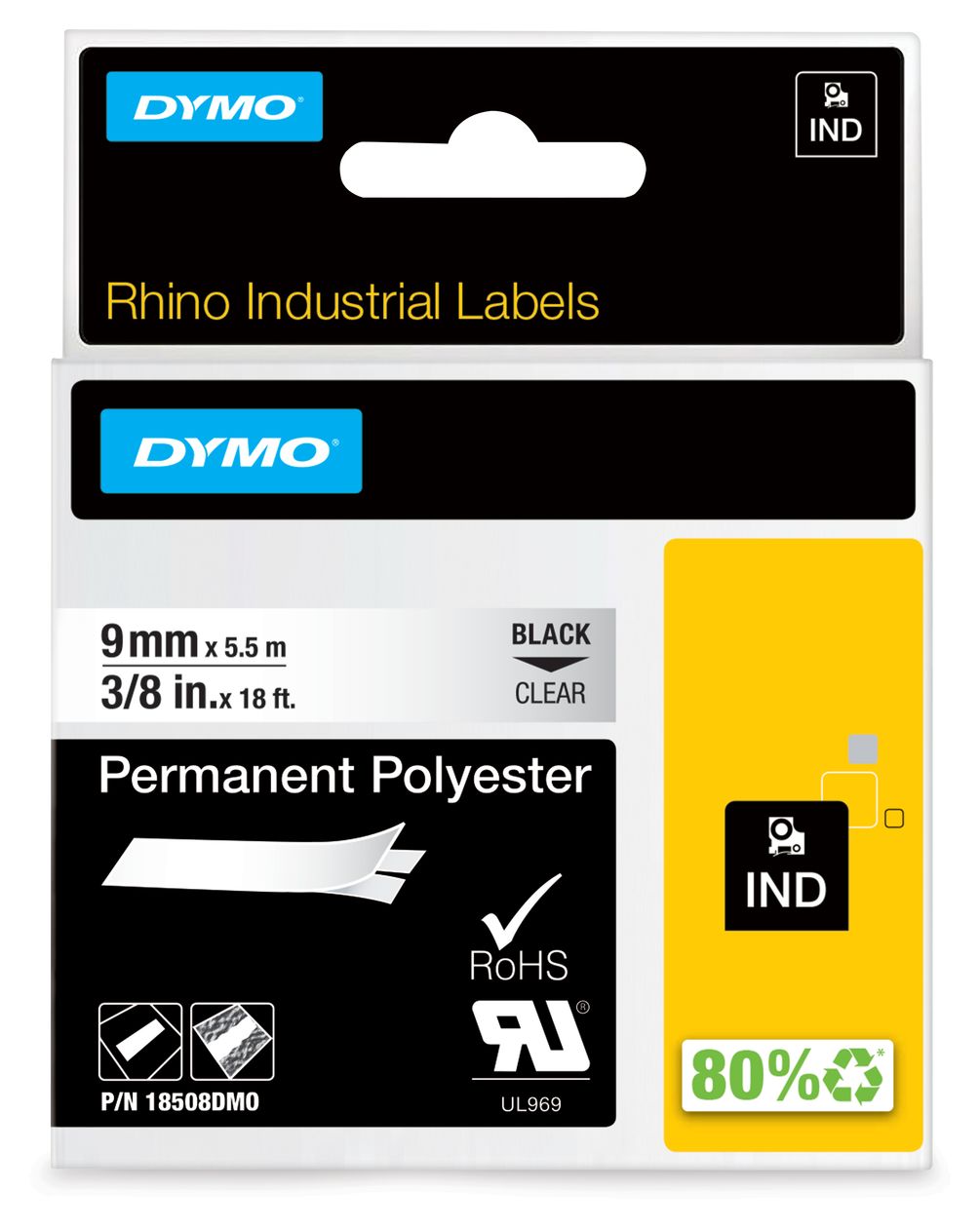 DYMO Rhino Industrie Permanente Polyesteretiketten | 9 mm x 5,5 m | Schwarz auf Transparent | selbstklebendes Schriftband | für DYMO Rhino und LabelManager Beschriftungsgerät 