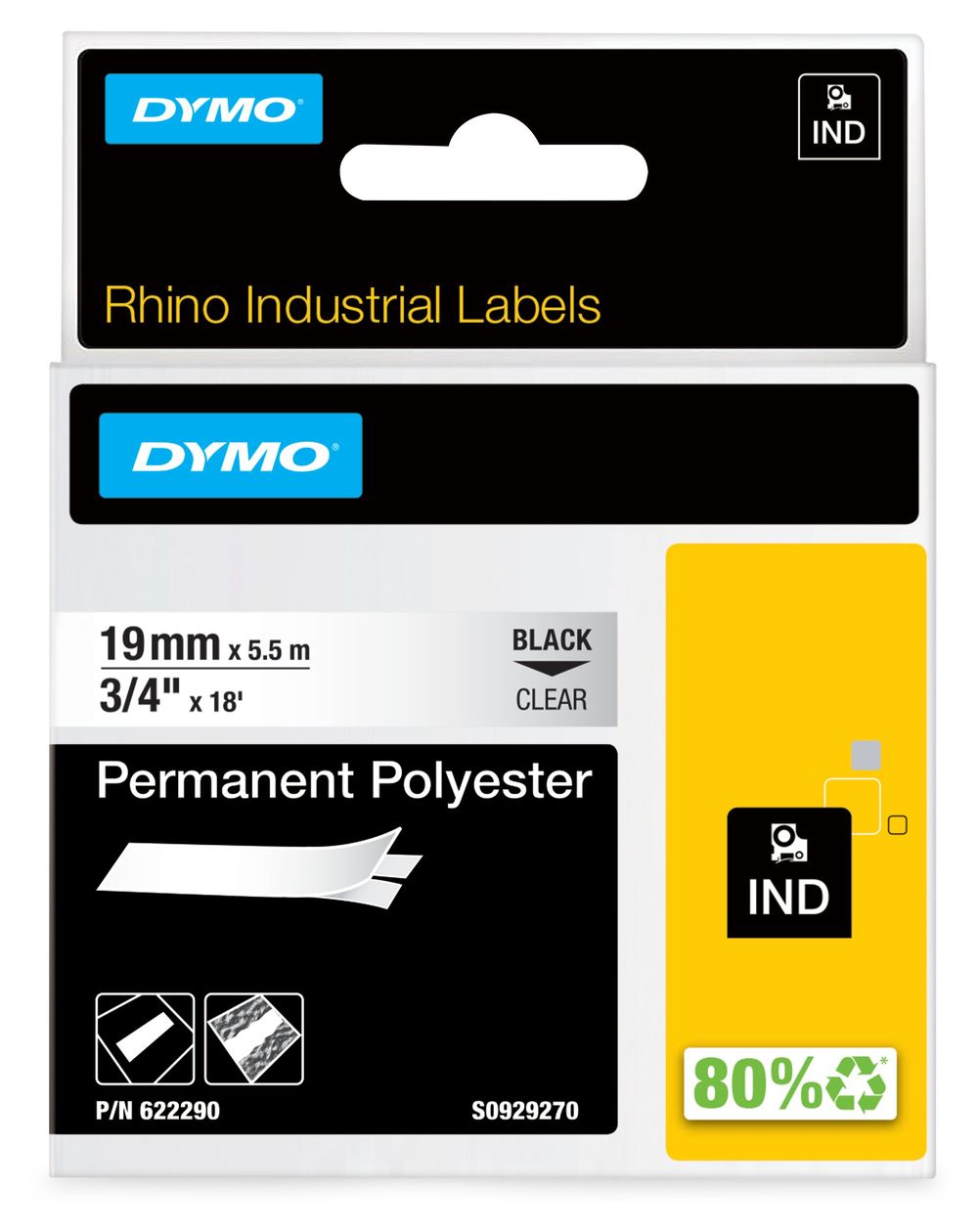 DYMO Rhino Industrie Permanente Polyesteretiketten | 19 mm x 5,5 m | Schwarz auf Transparent | selbstklebendes Schriftband | für DYMO Rhino und LabelManager Beschriftungsgerät 