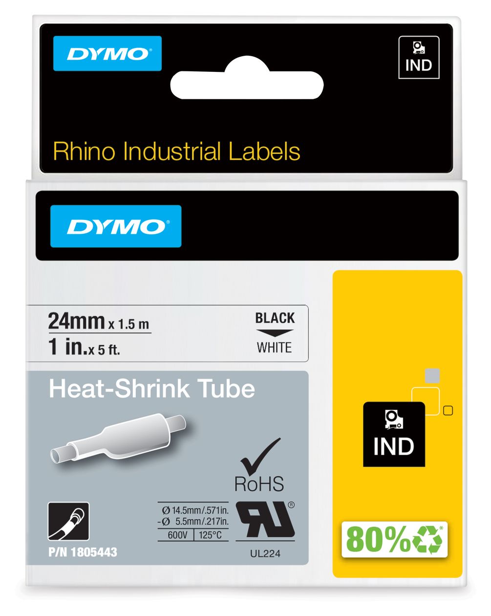 DYMO Rhino Industrie Schrumpfschlauch-Kabeletiketten | 24 mm x 1,5 m | schwarze Schrift auf weißem Untergrund | selbstklebend 