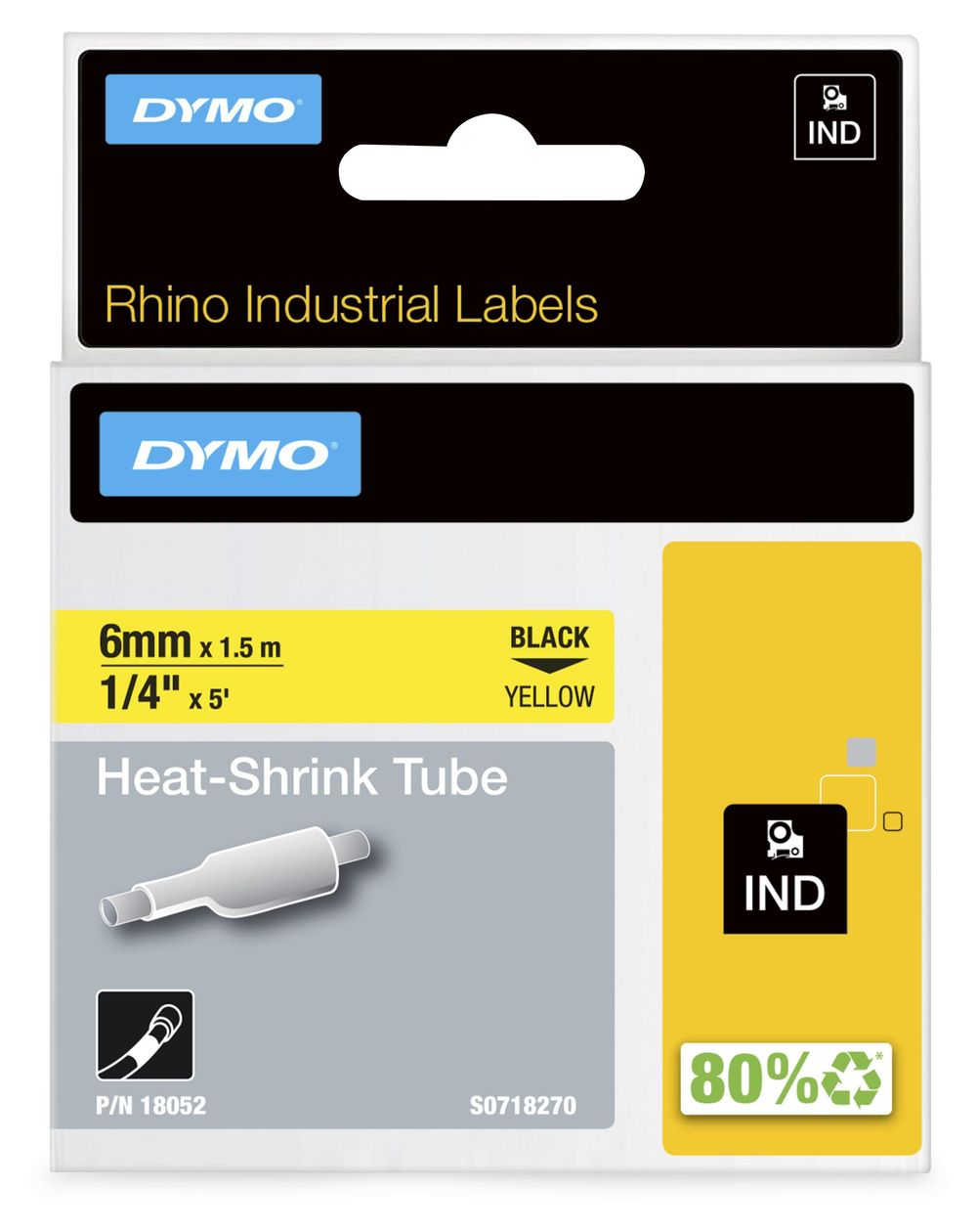 DYMO Rhino Industrie Schrumpfschlauch-Kabeletiketten | 6 mm1,5 m | Schwarz auf gelb | für DYMO Rhino Beschriftungsgerät 