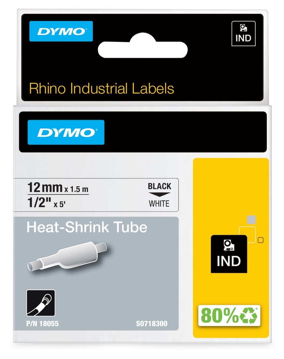 DYMO Rhino Industrie Schrumpfschlauch-Kabeletiketten | 12 mm1,5 m | Schwarz auf weiß | für DYMO Rhino Beschriftungsgerät 