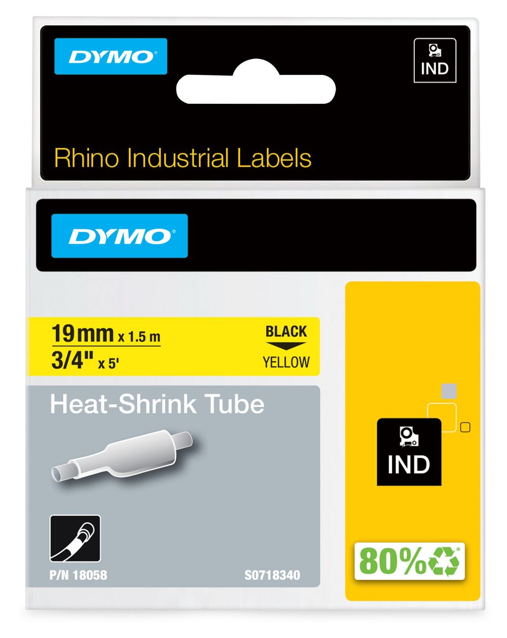 DYMO Rhino Industrie Schrumpfschlauch-Kabeletiketten | 19 mm x 1,5 m | Schwarz auf gelb | für DYMO Rhino Beschriftungsgerät 