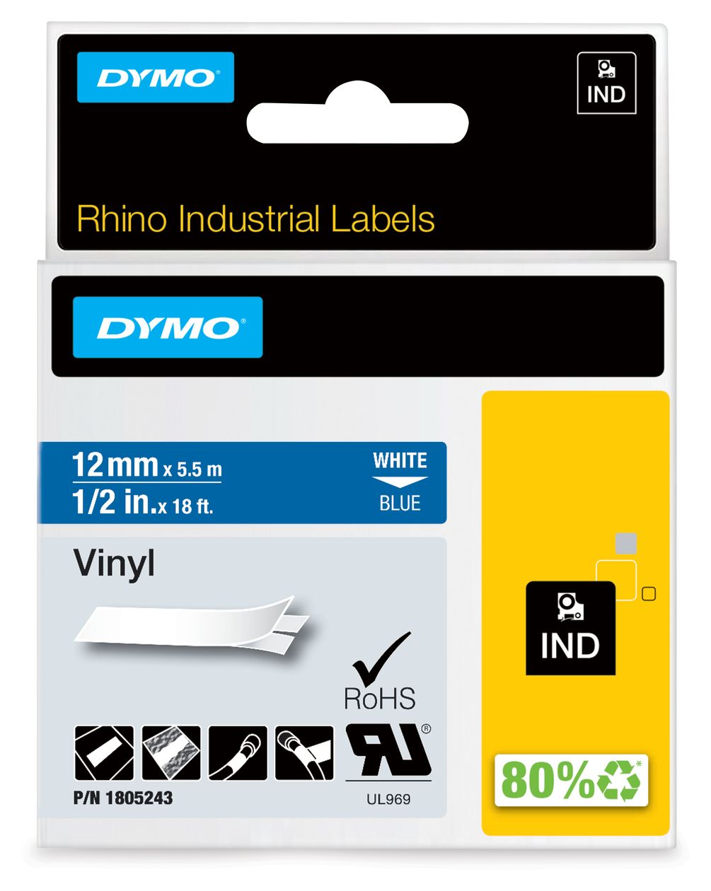 DYMO Rhino-Industrie-Vinyletiketten | 12 mm x 5,5 m | weiß auf blau | selbstklebendes Schriftband 