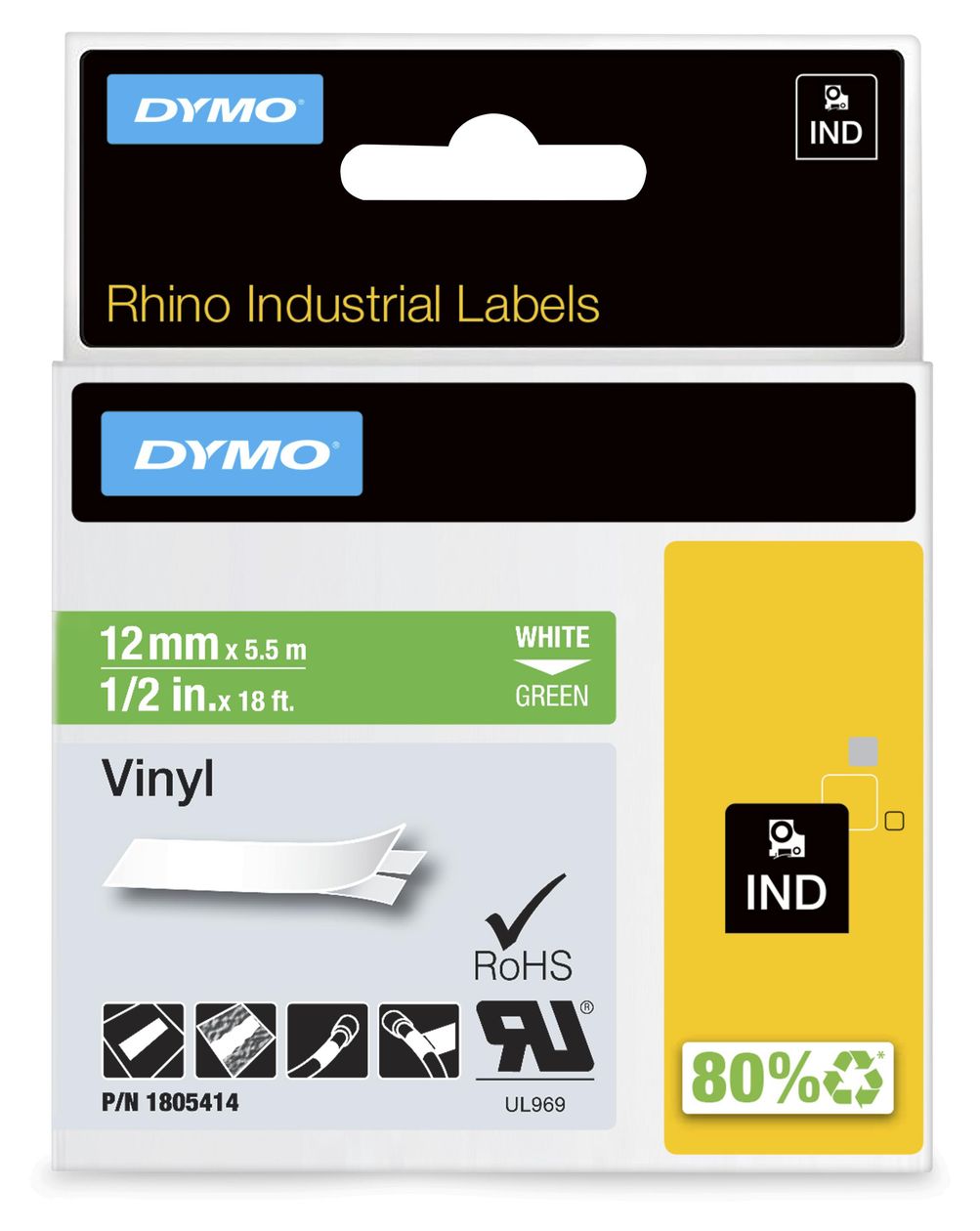 DYMO Rhino-Industrie-Vinyletiketten | 12 mm x 5,5 m | weiß auf grün | selbstklebendes Schriftband 