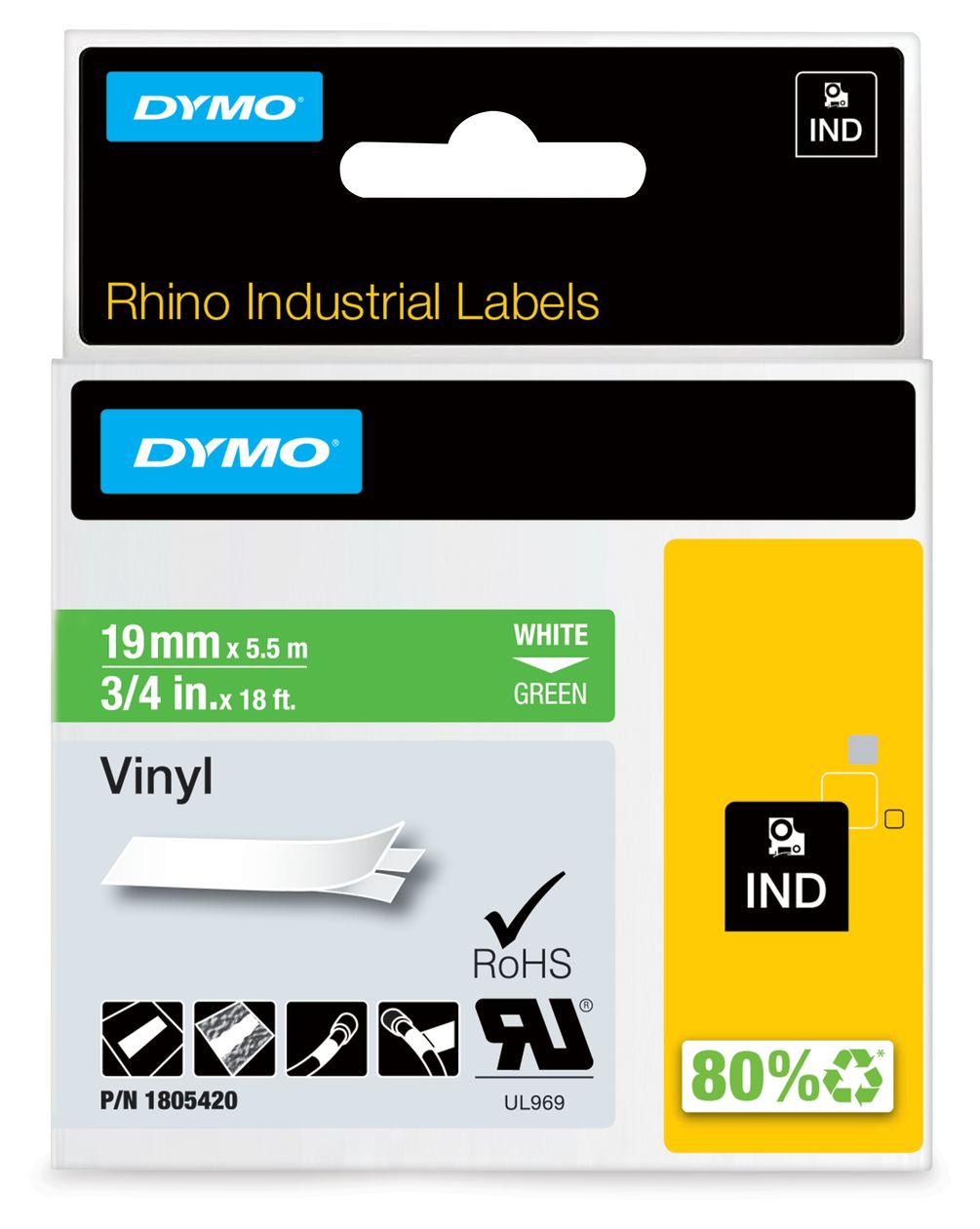 DYMO Rhino-Industrie-Vinyletiketten | 19 mm x 5,5 m | weiß auf grün | selbstklebendes Schriftband | für DYMO Rhino und LabelManager Beschriftungsgerät 