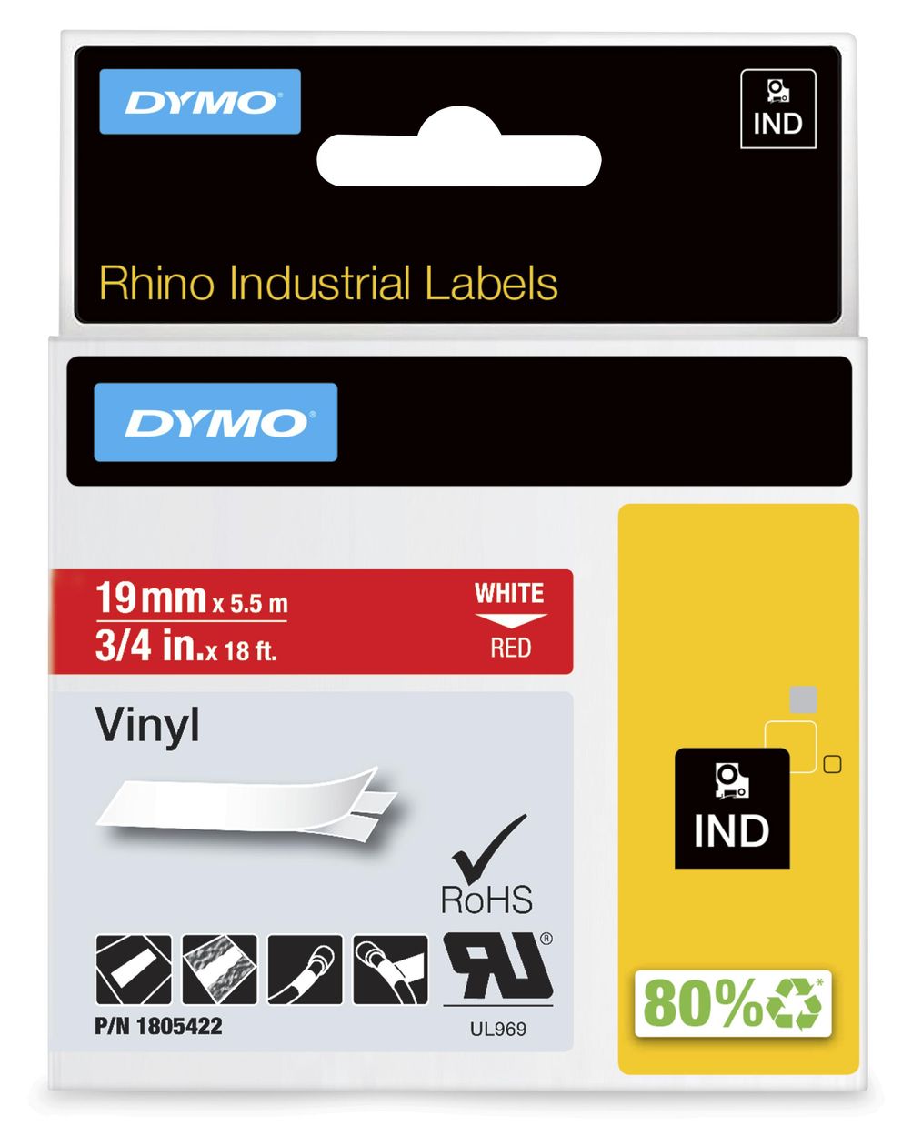 DYMO Rhino-Industrie-Vinyletiketten | 19 mm x 5,5 m | weiß auf rot | selbstklebendes Schriftband | für DYMO Rhino und LabelManager Beschriftungsgerät 