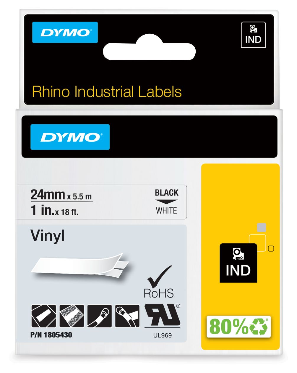 DYMO Rhino-Industrie-Vinyletiketten | 24 mm x 5,5 m | schwarzer Druck auf weißem Untergrund | selbstklebendes Schriftband 
