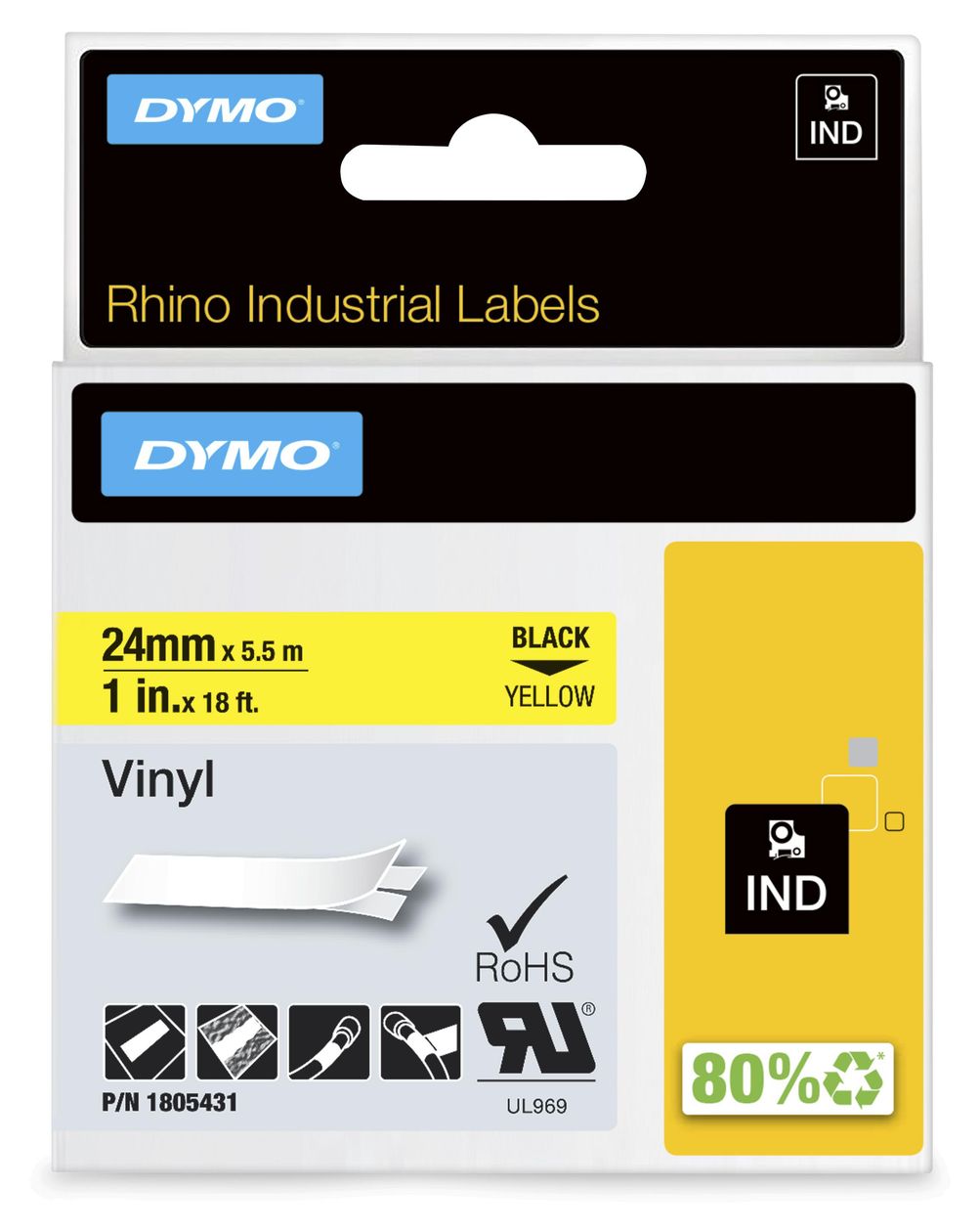DYMO Rhino-Industrie-Vinyletiketten | 24 mm x 5,5 m | schwarz auf gelb | selbstklebendes Schriftband | für DYMO Rhino und LabelManager Beschriftungsgerät 