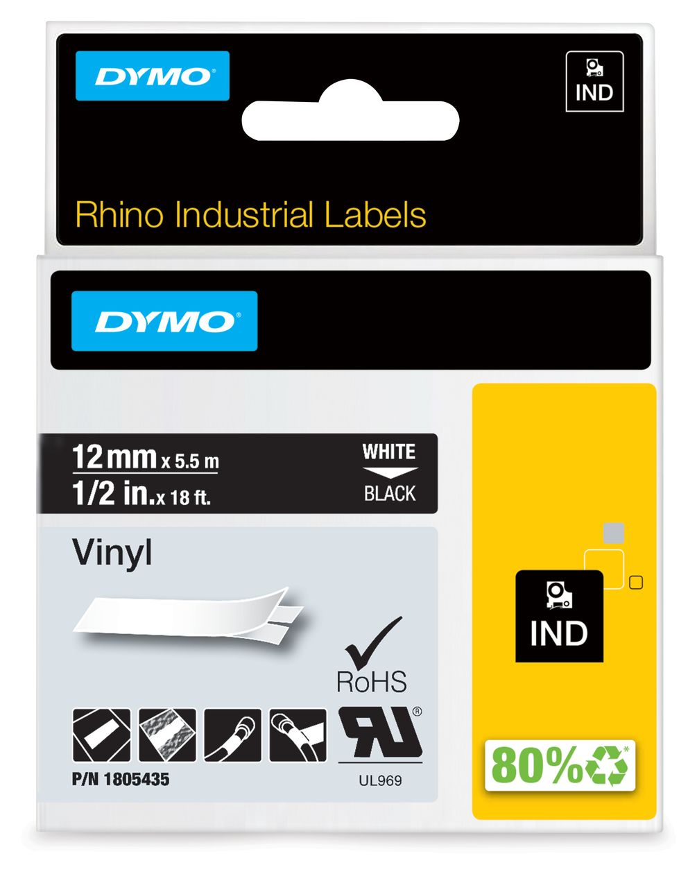 DYMO Rhino-Industrie-Vinyletiketten | 12 mm x 5,5 m | weiß auf schwarz | selbstklebendes Schriftband | für DYMO Rhino und LabelManager Beschriftungsgerät 