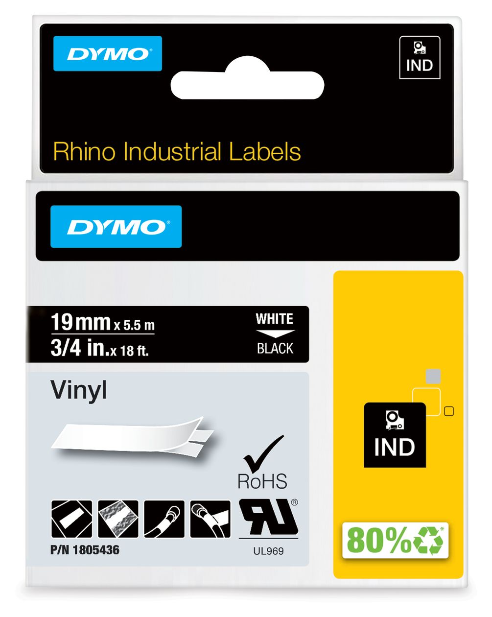 DYMO Rhino-Industrie-Vinyletiketten | 19 mm x 5,5 m | weiß auf schwarz | selbstklebendes Schriftband | für DYMO Rhino und LabelManager Beschriftungsgerät 