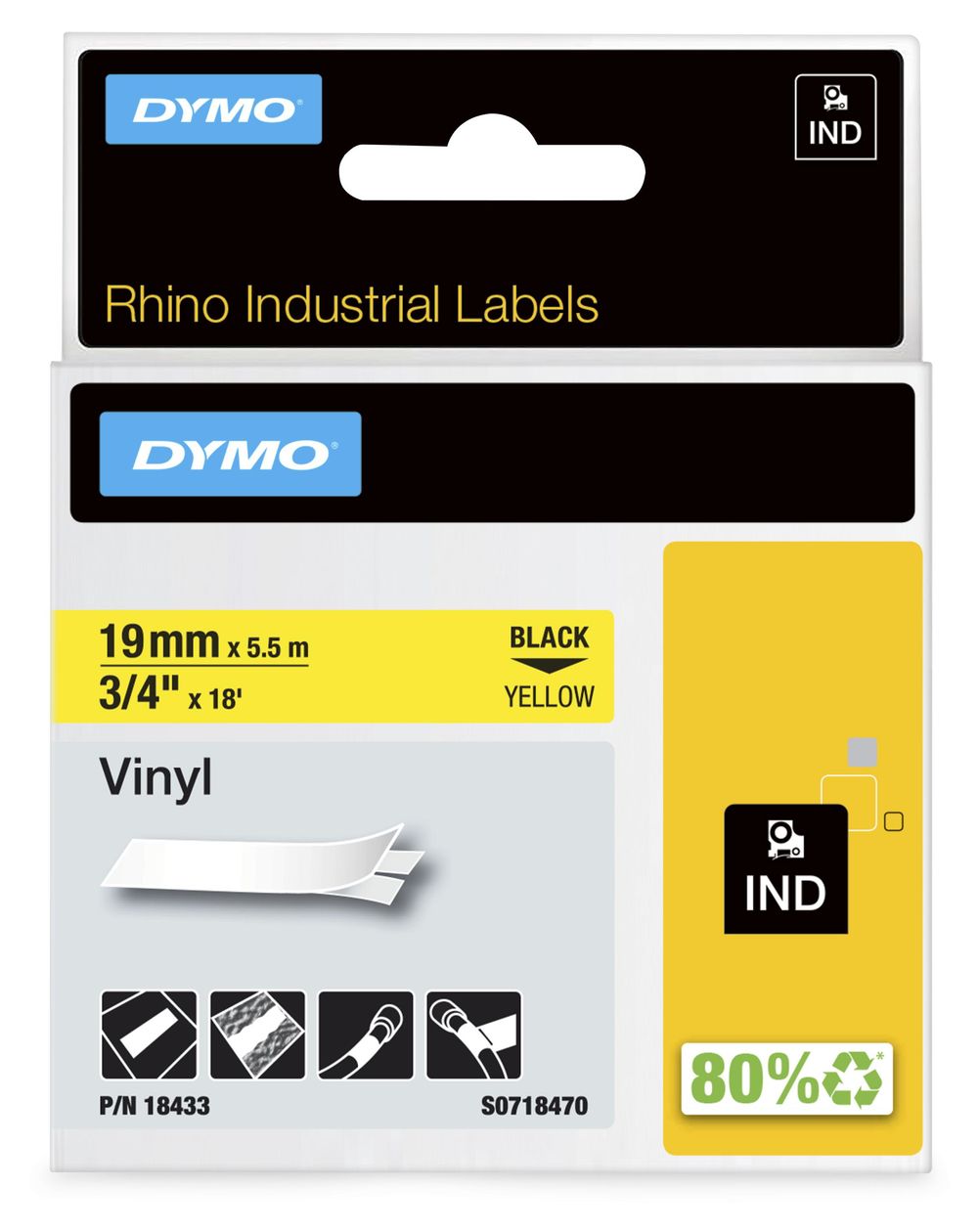 DYMO Rhino-Industrie-Vinyletiketten | 19 mm x 5,5 m | schwarz auf gelb | selbstklebendes Schriftband | für DYMO Rhino und LabelManager Beschriftungsgerät 