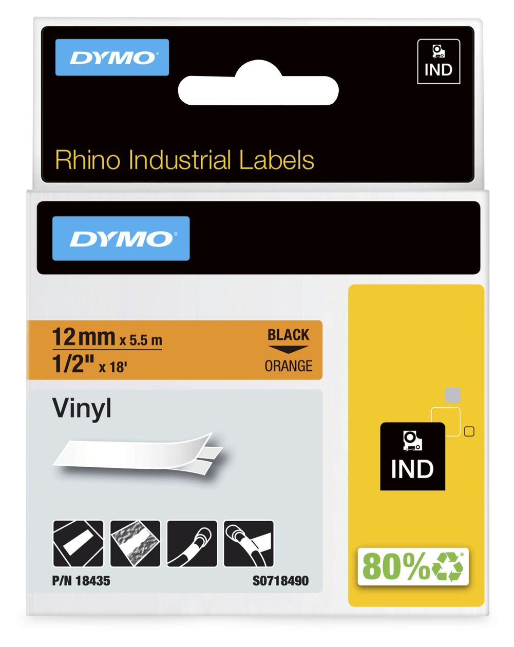 DYMO Rhino-Industrie-Vinyletiketten | 12 mm x 5,5 m | schwarz auf orange | selbstklebendes Schriftband | für DYMO Rhino und LabelManager Beschriftungsgerät 