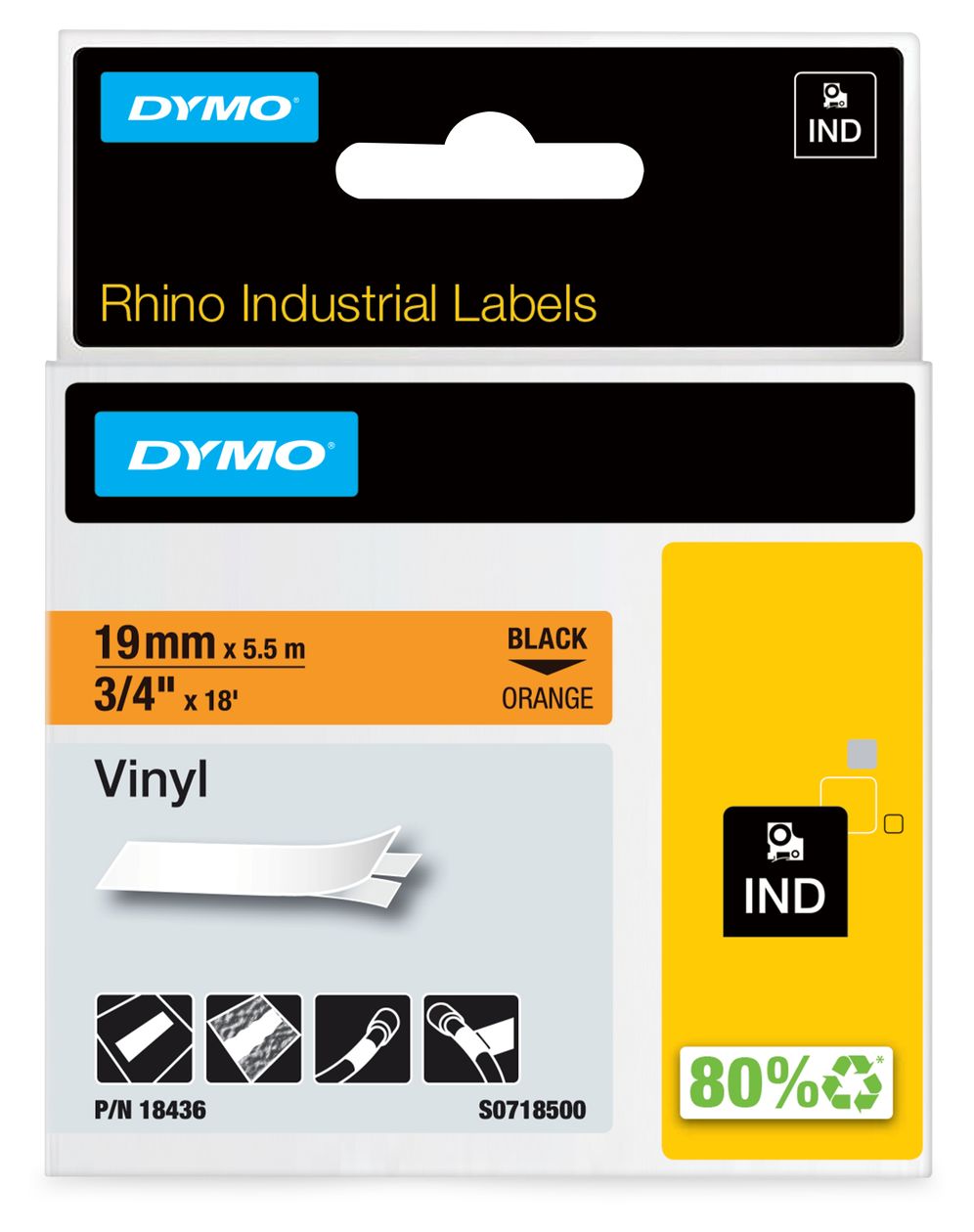 DYMO Rhino-Industrie-Vinyletiketten | 19 mm x 5,5 m | schwarz auf orange | selbstklebendes Schriftband | für DYMO Rhino und LabelManager Beschriftungsgerät 
