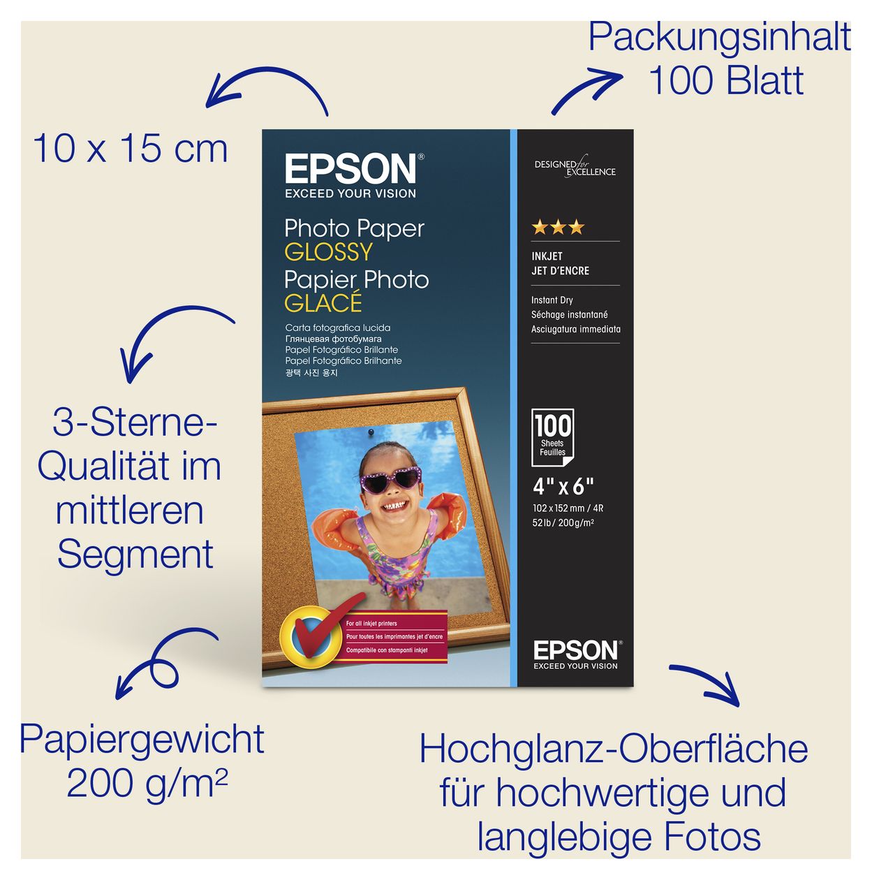 Epson Glossy Photo Paper (100 x 150 mm), 200 g/m2, 100 Blatt 