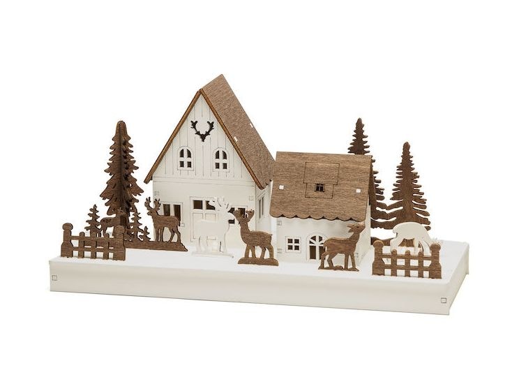 3282-210 Holzsilhouette Waldhäuser mit Rentieren LED 2600 K Batterie 