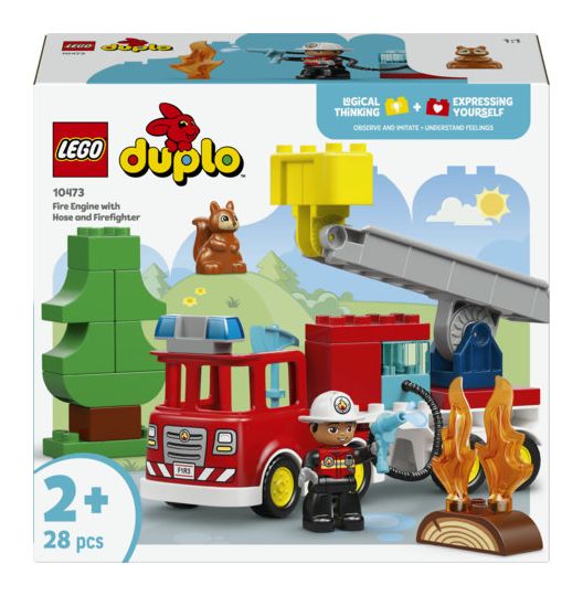 Löschauto mit Schlauch und Feuerwehrmann 