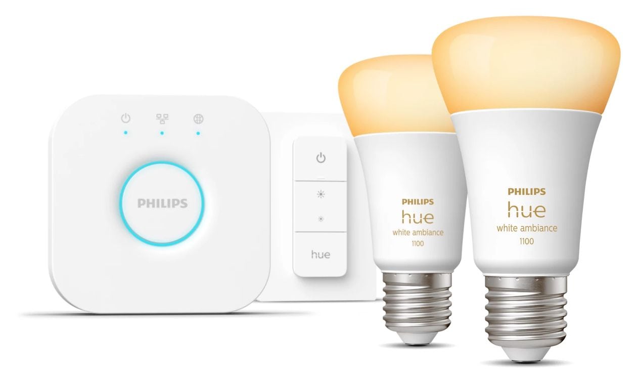 Hue White Ambience Starterset: E27 Lampe A60 Doppelpack + Dimmschalter LED Set für intelligente Beleuchtung 1100 mm Warmweiß, Kaltweiße 