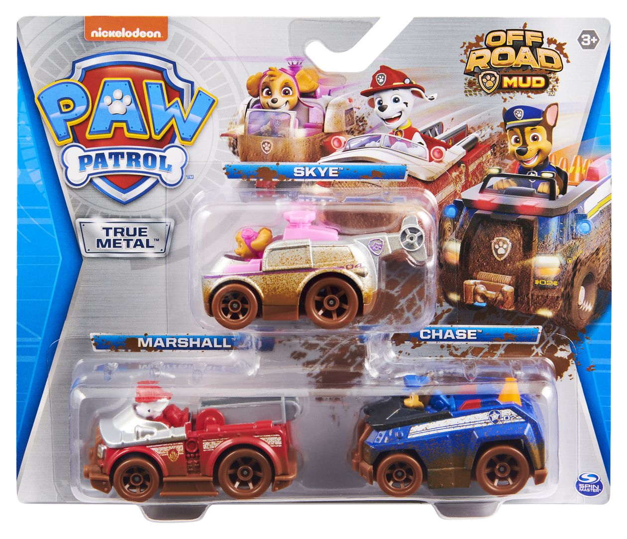 Paw Patrol True Metal 3er-Pack mit 3 Metall-Spielzeugautos von Skye, Chase und Marshall, Maßstab 1:55, für Kinder ab 3 Jahren, Design mit Offroad-Schlamm-Dekor 