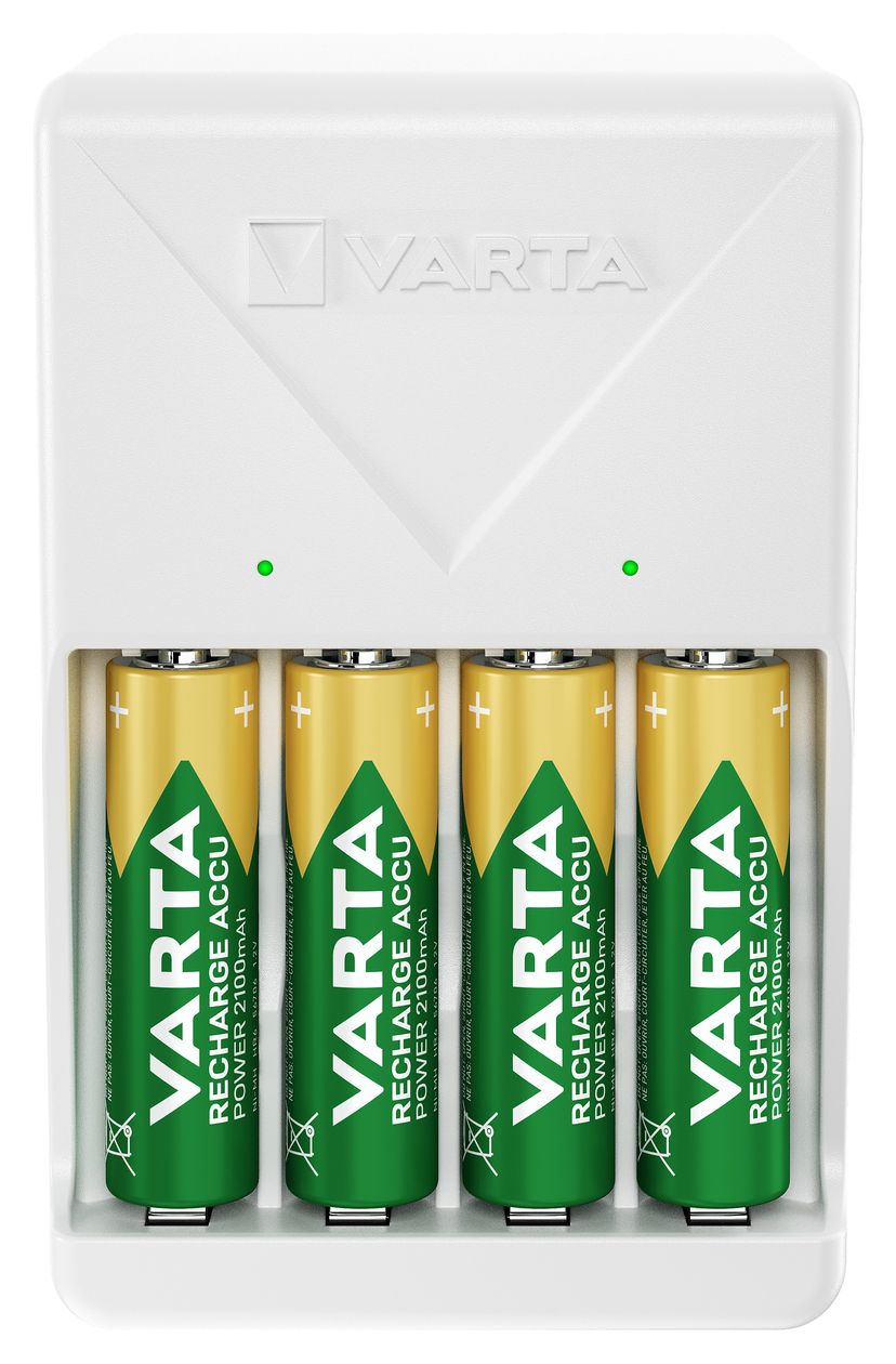 Akku Ladegerät, inkl. 4X AA 2100mAh, Batterieladegerät für wiederaufladbare Batterien, lädt 2 oder 4 AA/AAA gleichzeitig, Plug Charger, weiß 