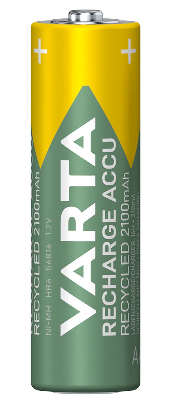 Recharge Accu Recycled AA 2100 mAh 2er-Pack (vorbeladener NiMH-Akku, Mignon, 25 % recycelte Materialien, wiederaufladbarer Akku, sofort einsatzbereit) 