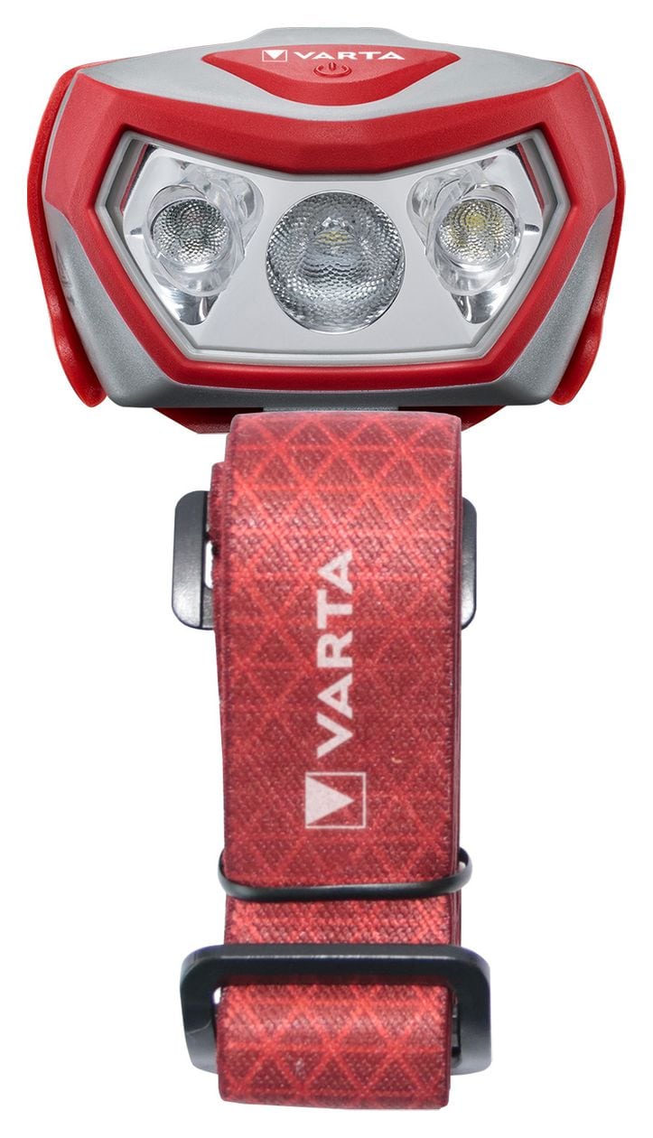 Stirnlampe LED inkl. 3x AAA Batterien Kopflampe, Outdoor Sports H20 Pro, drei Leuchtmodi, spritzwassergeschützt, Dimmfunktion, mit schwenkbarem Kopf, rot 