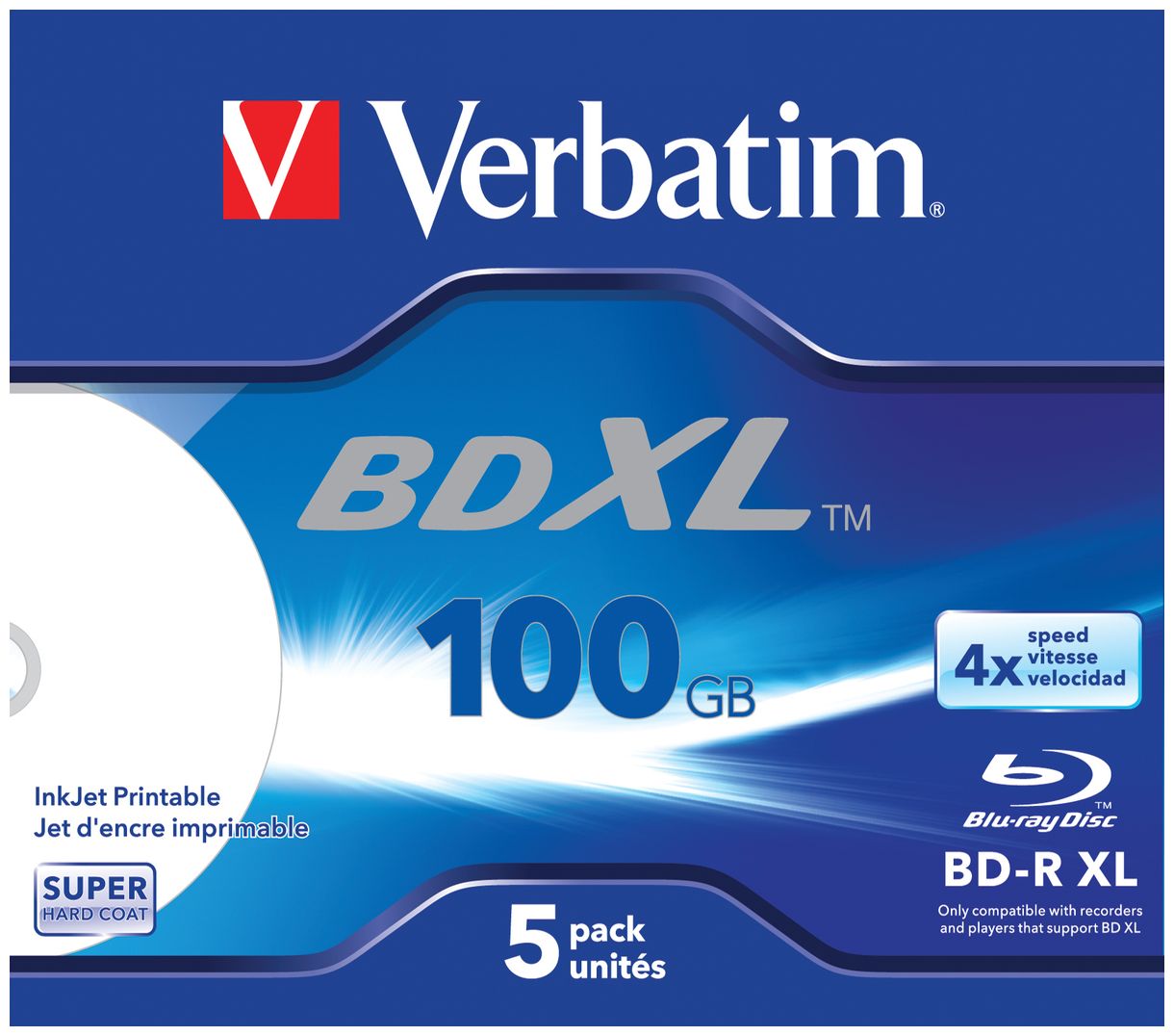BD-R XL 100 GB* 4x, mit Tintenstrahldrucker großflächig bedruckbar, Jewel Case, 5er-Pack 