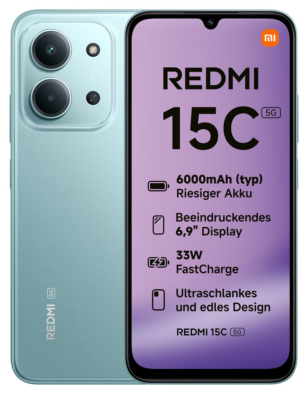 Redmi 15C 128 GB 5G Smartphone 17,5 cm (6.9 Zoll) 2,4 GHz 50 MP Dual Kamera WiFi 5 (Mint Green) 