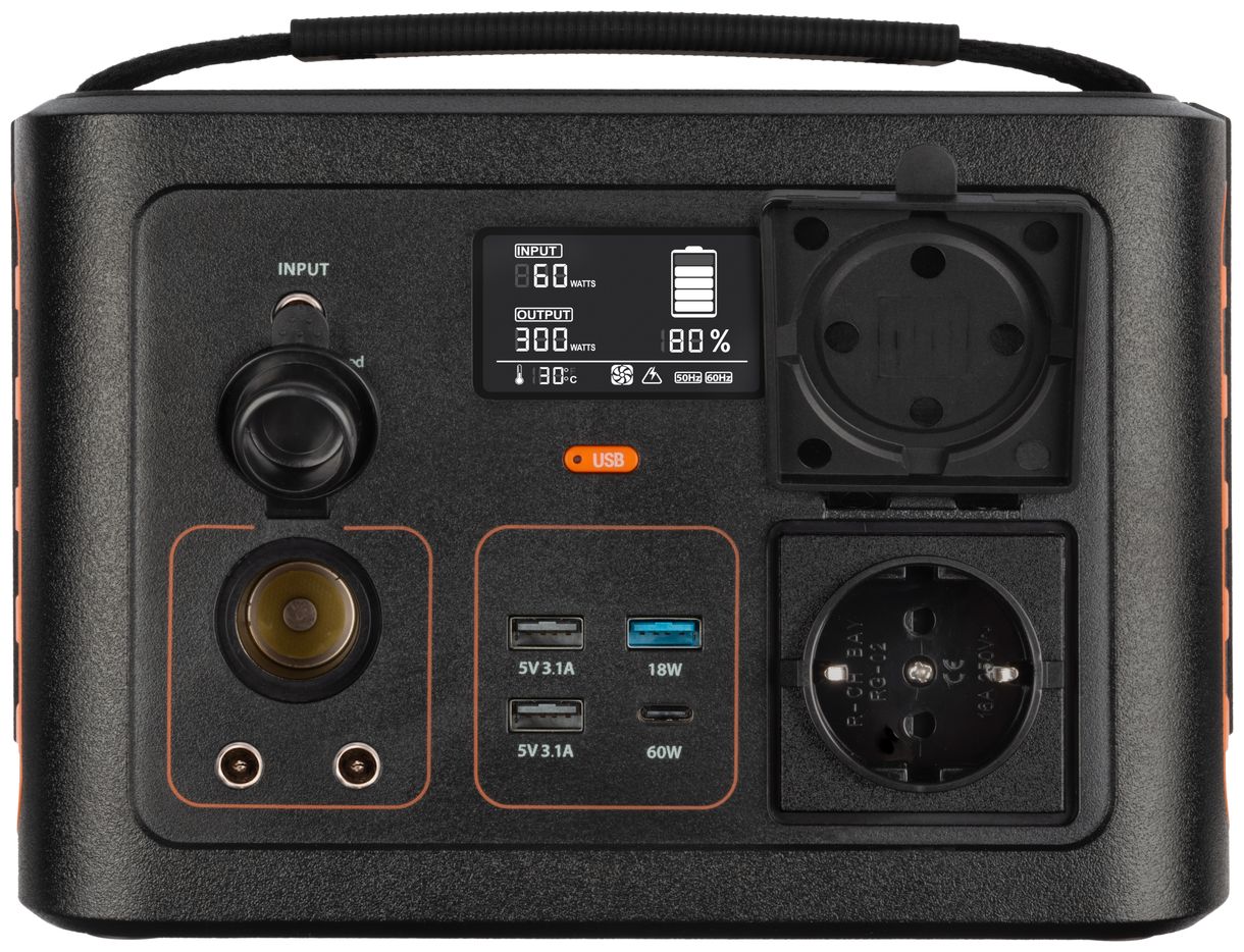 XP300U Portable Power Station 300 für AC-Steckdose, 5x verschiedene USB-Ausgänge, 120 W 12 V Autoladegerät, Konverterkabel & Tasche, Schwarz/Orange 
