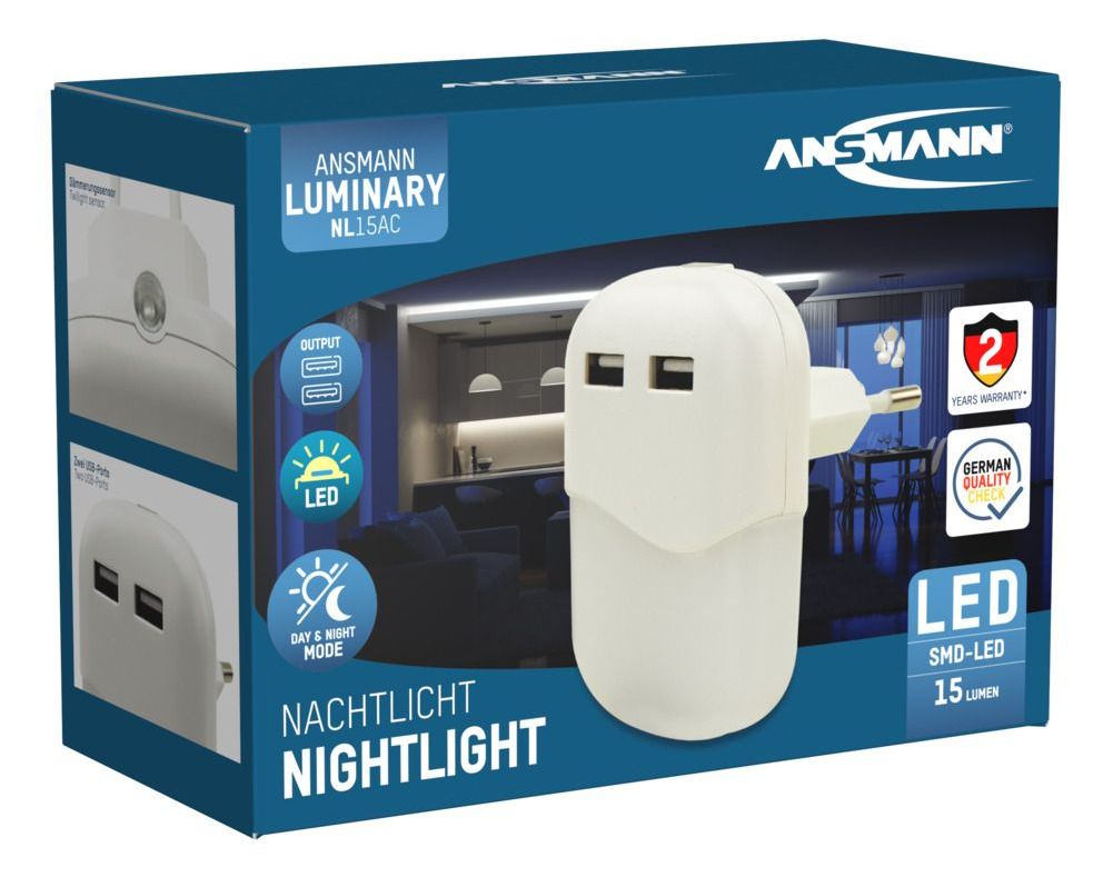 NL15AC + 2USB Sensor Nachtlicht LED Warmweiß (3000K) Warmweiß AC, USB 