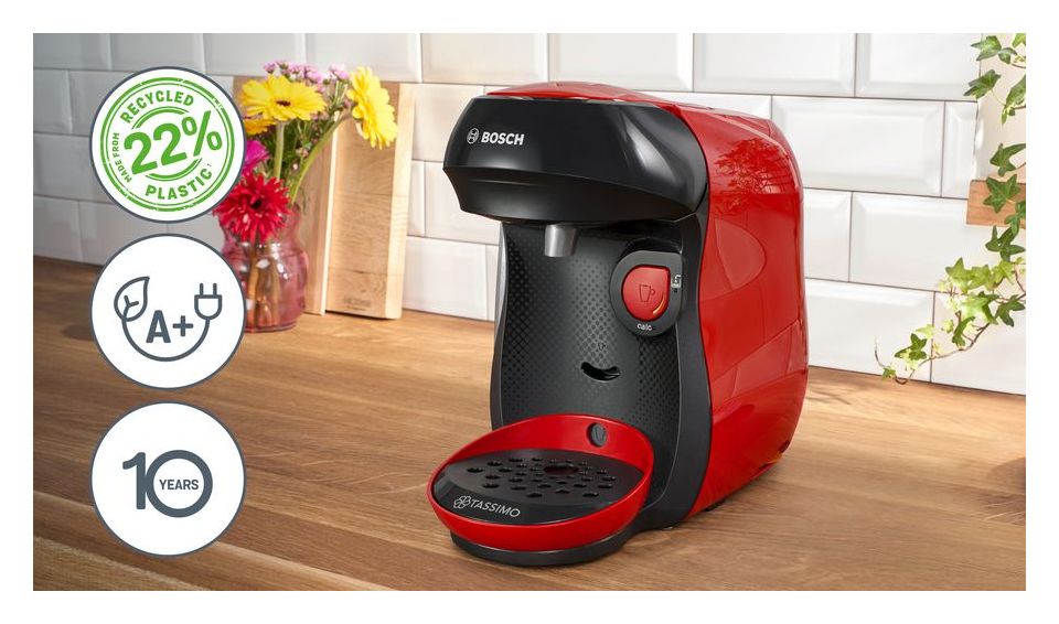 TAS103E Tassimo Happy friendly Kaffeekapsel Maschine  (Schwarz, Rot) 