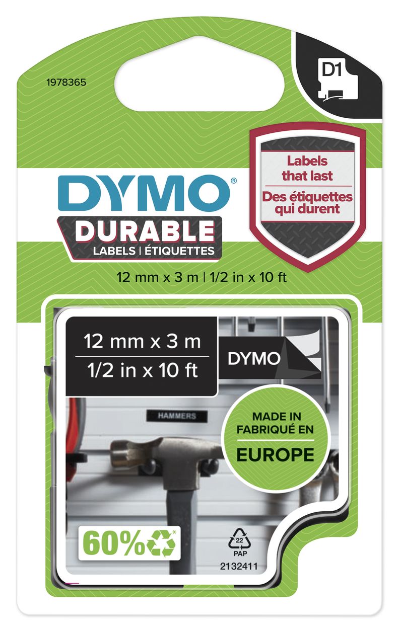 DYMO Original D1 Hochleistungs-Etikettenband | weiß auf schwarz | 12 mm x 3 m | permanent haftendes Vinyl- Schriftband | für LabelManager-Beschriftungsgerät 