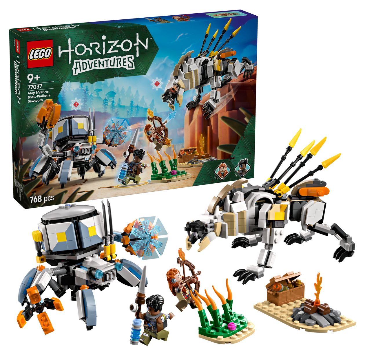 Horizon Adventures Aloy und Varl vs. Panzerwanderer und Sägezahn Bauset 768 Teile  (Mehrfarbig) 