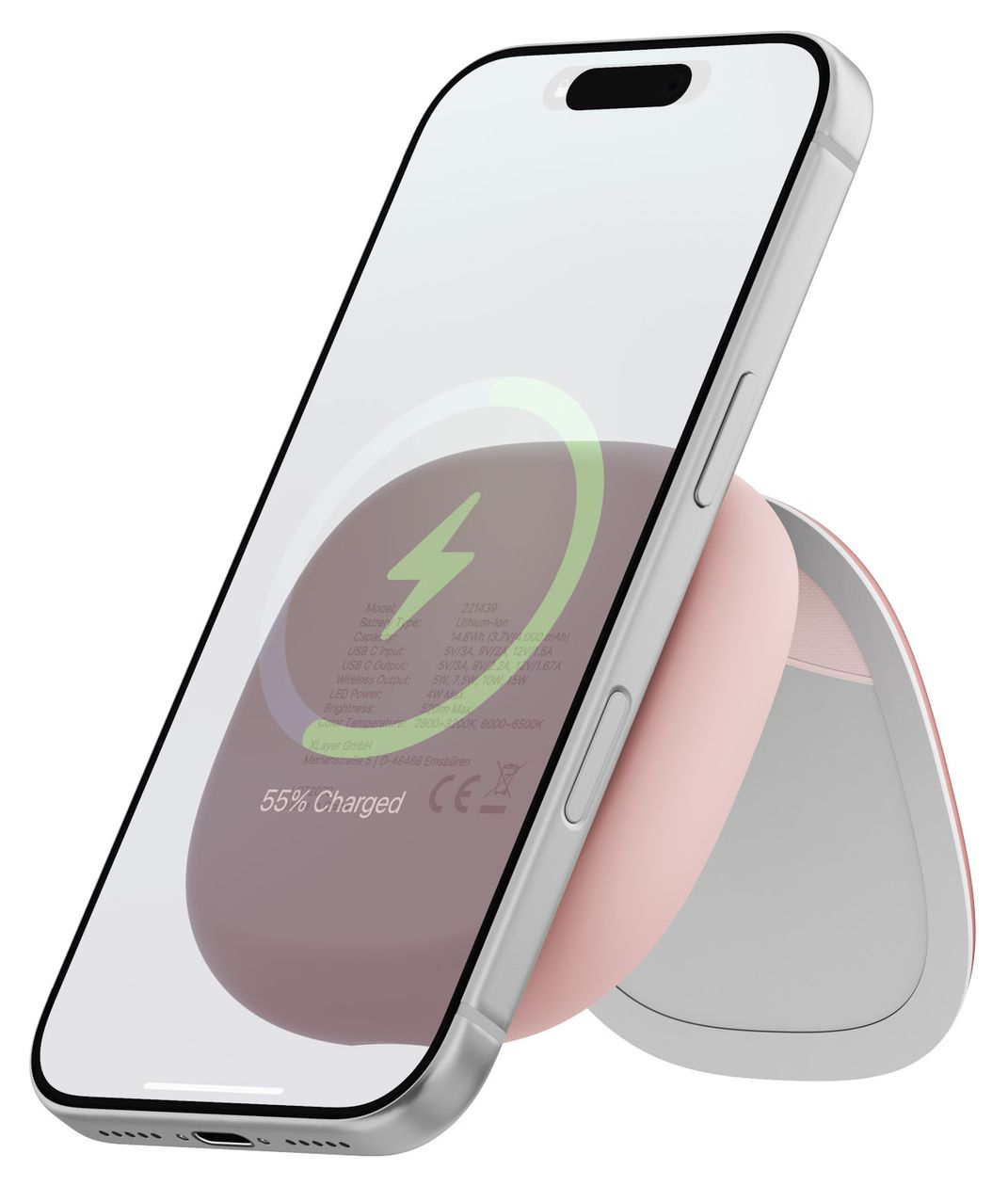 Schminkspiegel mit 4000 mAh Powerbank USB Typ-C Kabelloses Laden  (Rose) 