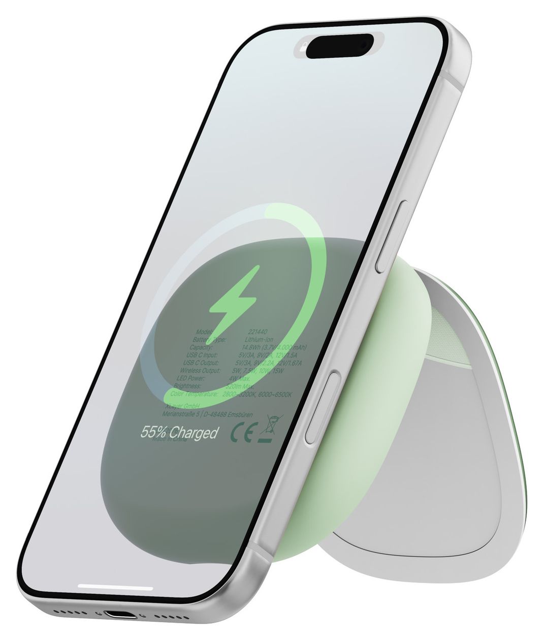Schminkspiegel mit 4000 mAh Powerbank USB Typ-C Kabelloses Laden  (Mint) 