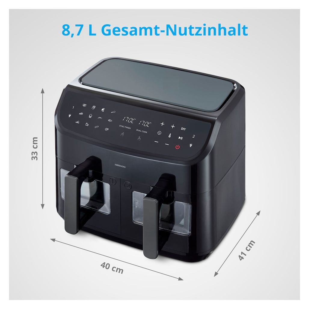 Life P20 XXL MD11760 Doppel Heißluftfritteuse 8,7 l 2600 W  (Schwarz) 