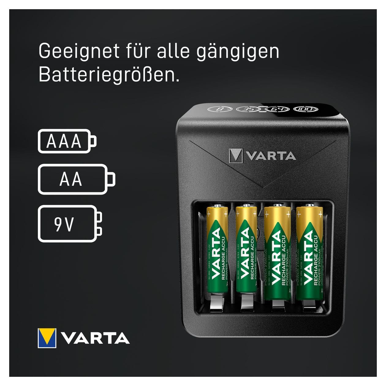 Akku Ladegerät, inkl. 4X AA 2100mAh, Batterieladegerät für wiederaufladbare AA/AAA/9V und USB Geräte, LCD Plug Charger+, Einzelschachtladung 