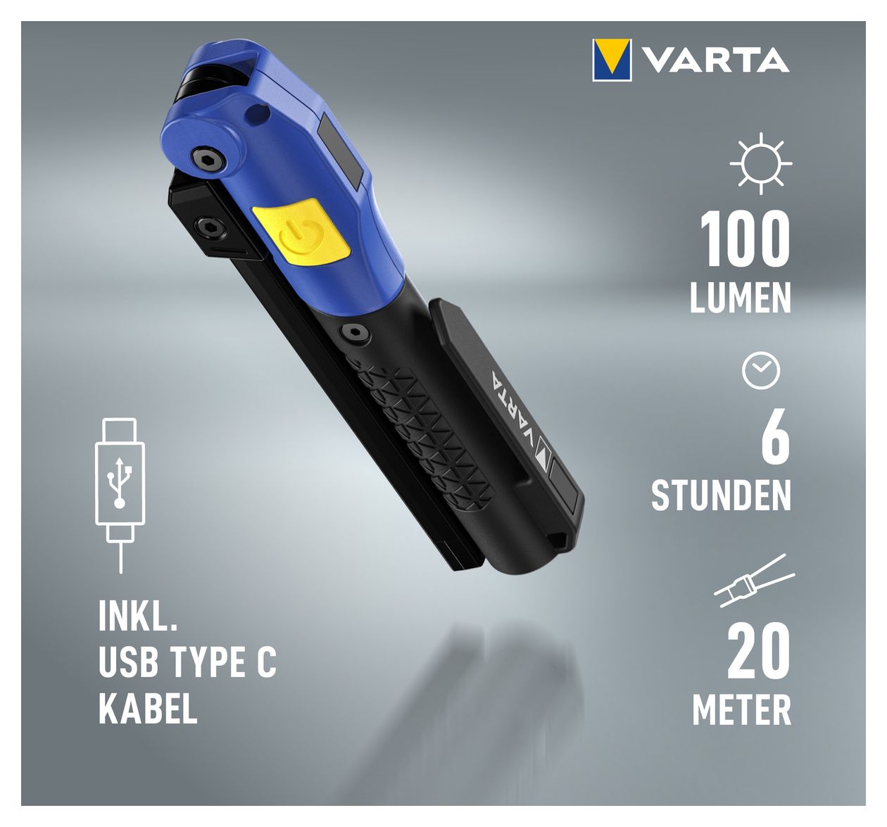 Taschenlampe, Werkstattlampe wiederaufladbar, Work Flex Multifunction Light F20R Arbeitsleuchte inkl. UBS Typ C Kabel, 180° faltbares Design, Magnet & Clip, spritzwasser- und staubgeschützt 