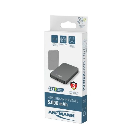 1700-0198 5000 mAh Powerbank USB Typ-C Kabelloses Laden  (Anthrazit) 