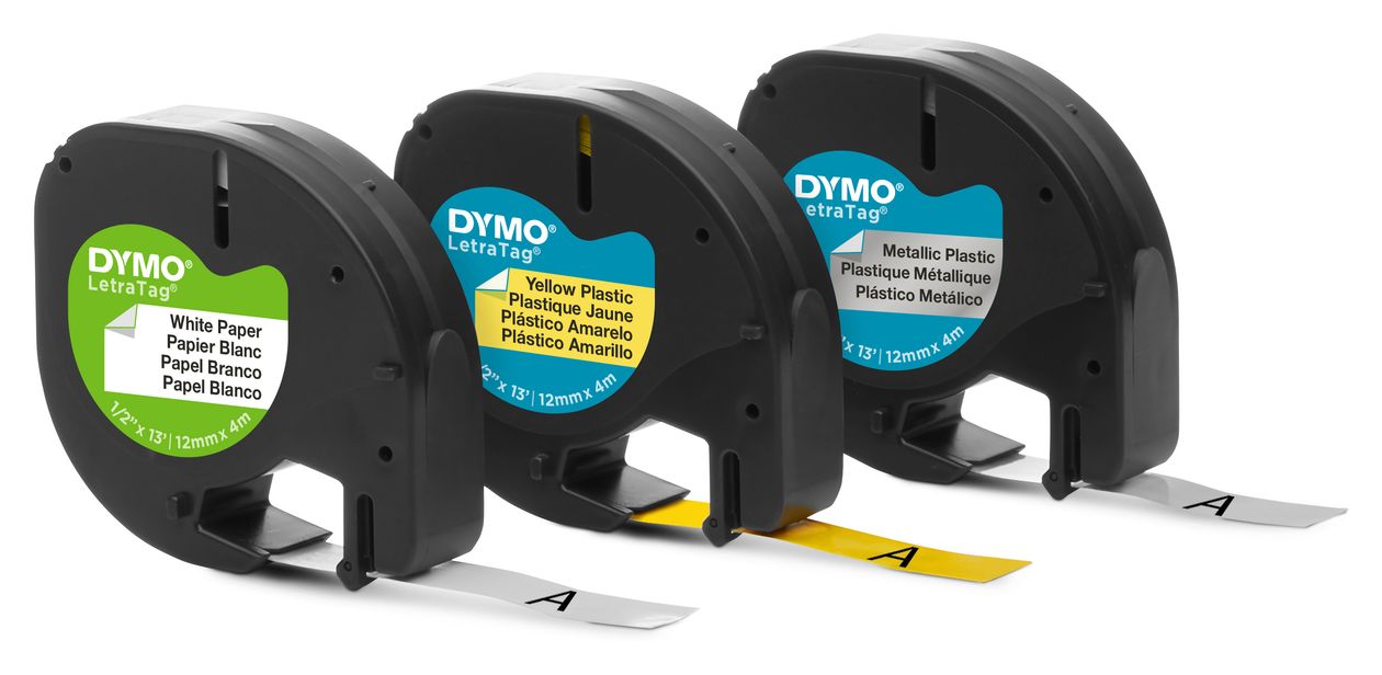 DYMO Original LetraTag Etikettenband | Papier/Kunststoff/Metall | 12 mm x 4 m | selbstklebendes Etiketten | für LetraTag-Beschriftungsgerät | 3 Etikettenkassetten 