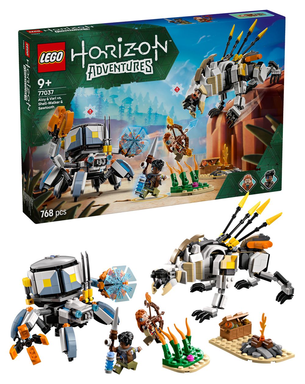 Horizon Adventures Aloy und Varl vs. Panzerwanderer und Sägezahn Bauset 768 Teile  (Mehrfarbig) 