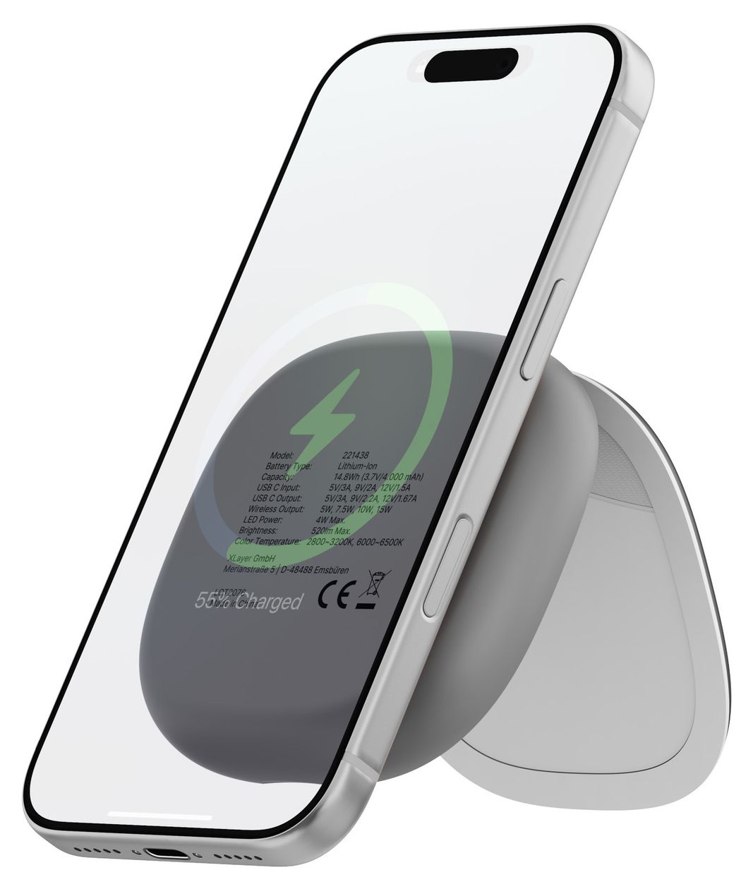 Schminkspiegel mit 4000 mAh Powerbank USB Typ-C Kabelloses Laden  (Grau) 