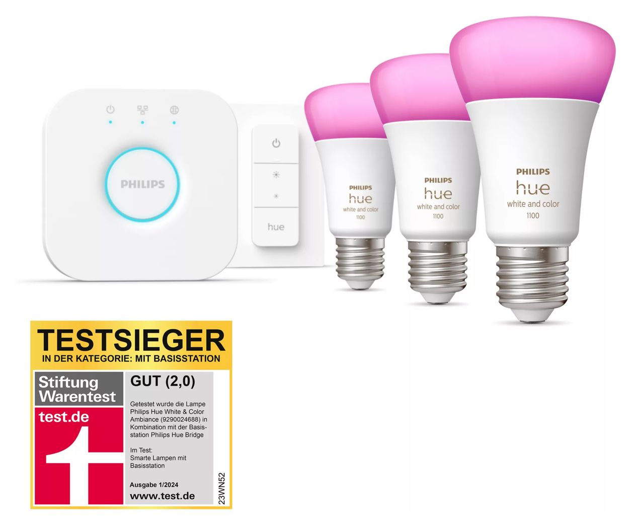 Hue White and Color Ambiance Starterset 3xE27 + Bridge + 1 Dimmschalter LED Set für intelligente Beleuchtung 