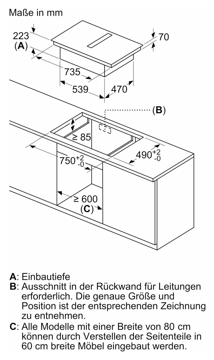 iQ500 ED87BHGA6 (ED87BHQ26E + HZ9VDSB4) autarkes 80 cm Induktionskochfeld 4 Kochzonen mit integriertem Dunstabzug 