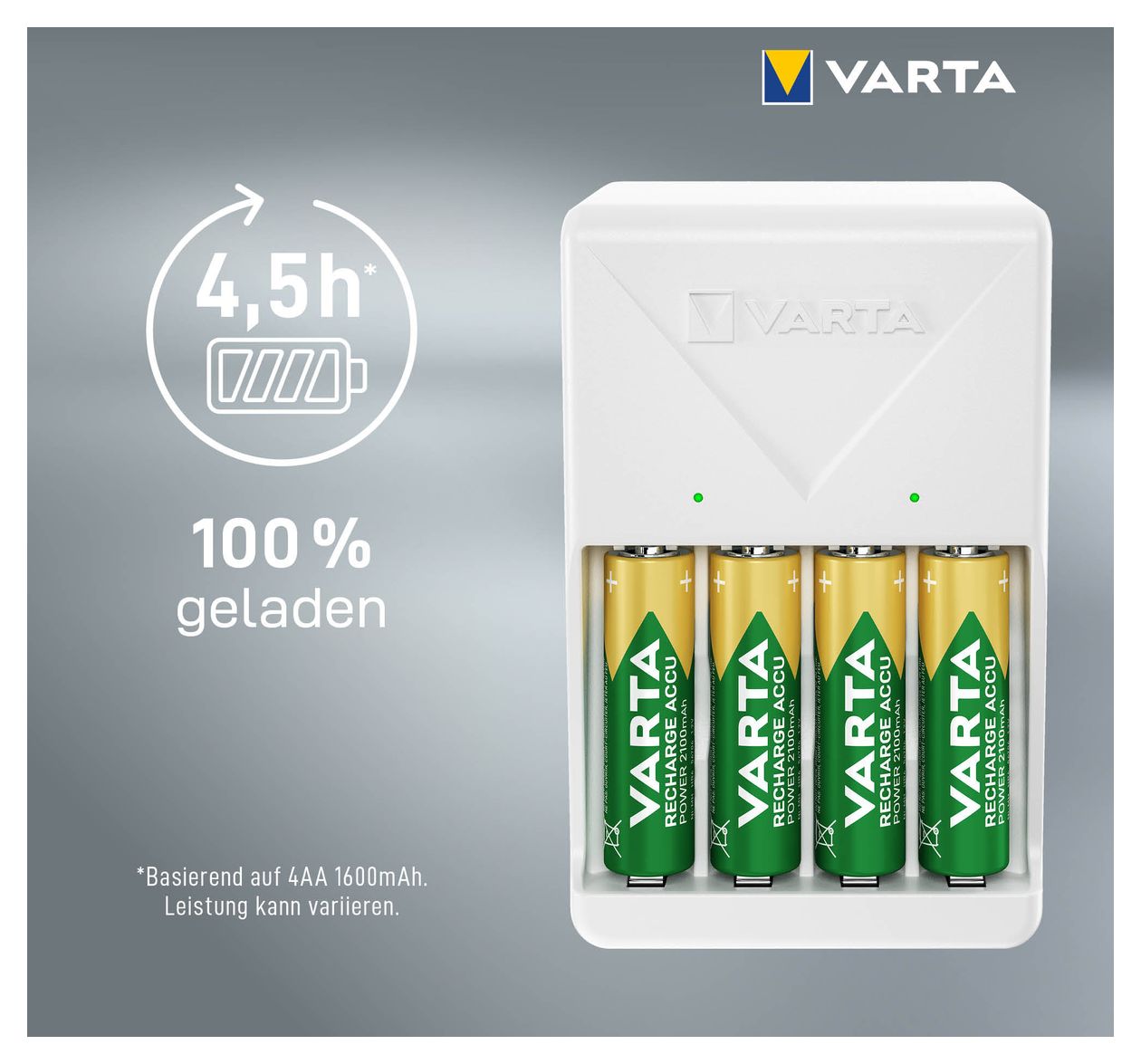 Akku Ladegerät, inkl. 4X AA 2100mAh, Batterieladegerät für wiederaufladbare Batterien, lädt 2 oder 4 AA/AAA gleichzeitig, Plug Charger, weiß 