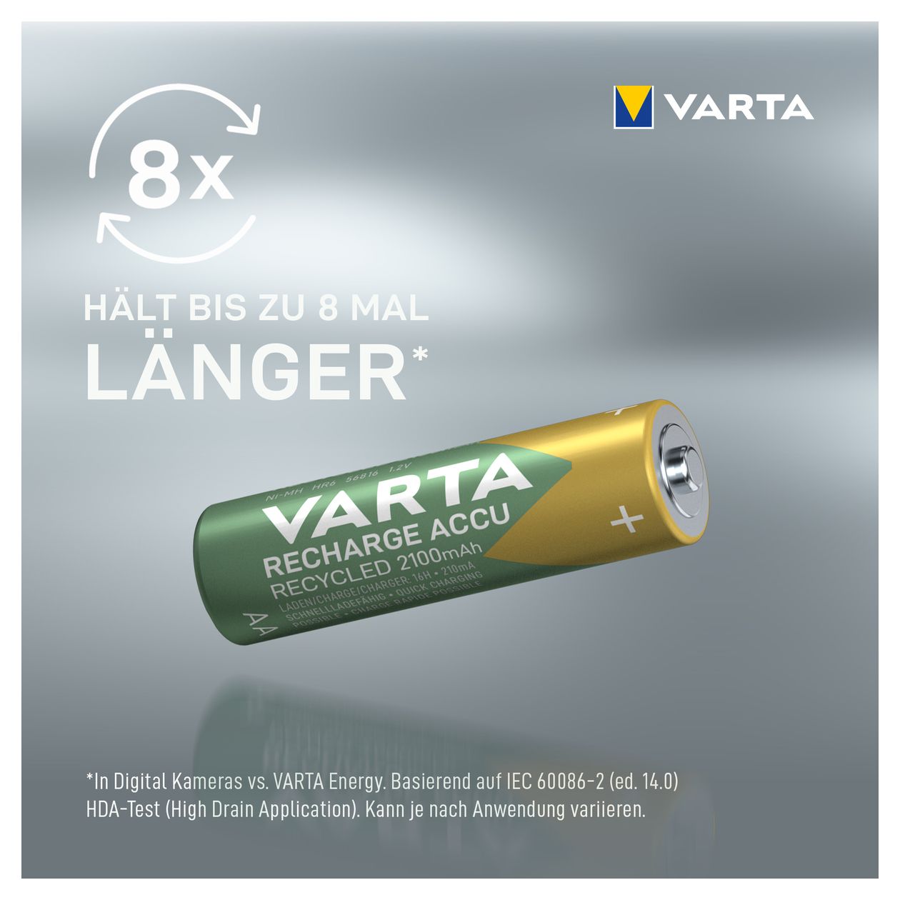 Recharge Accu Recycled AA 2100 mAh 4er-Pack (vorbeladener NiMH-Akku, Mignon, 25 % recyceltes Material, wiederaufladbarer Akku, sofort einsatzbereit) 