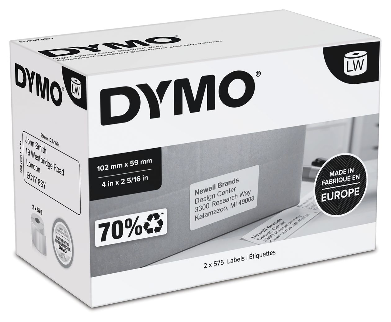 DYMO Original LabelWriter Versand/Namensschild-Etiketten | 102 mm x 59 mm | 2 Rollen mit je 575 leicht ablösbaren Etiketten (1.150 Etiketten) | für LabelWriter 4XL/5XL Etikettendrucker 