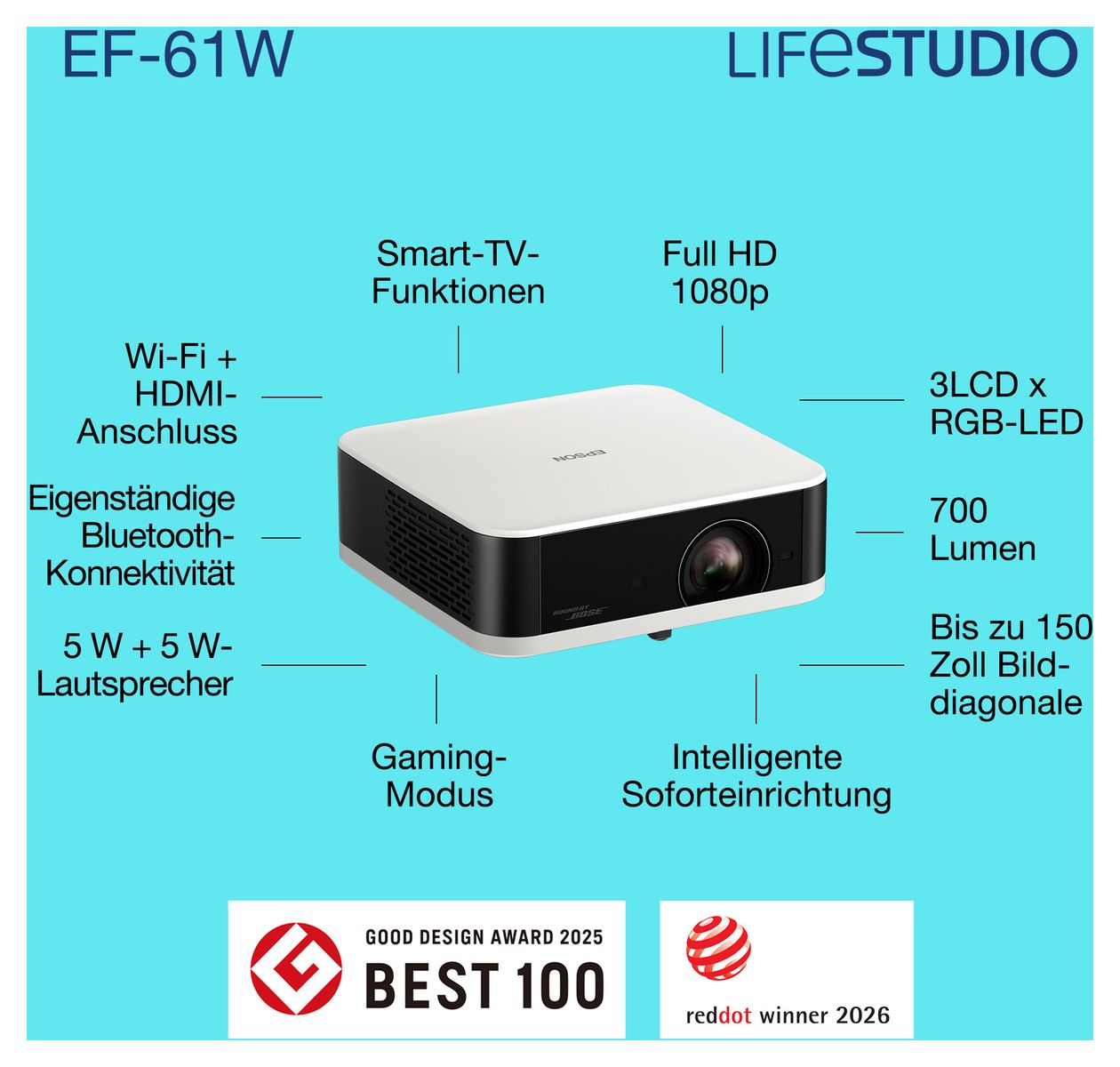 EF-61 Lifestudio Pop 1080p (1920x1080) 3LCD LED Standard Throw-Projektor 700 ANSI Lumen  (Weiß) 